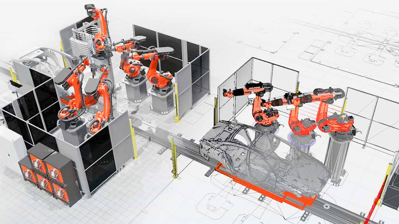Illustration KUKA Roboteranlage an Fließband mit Autos
