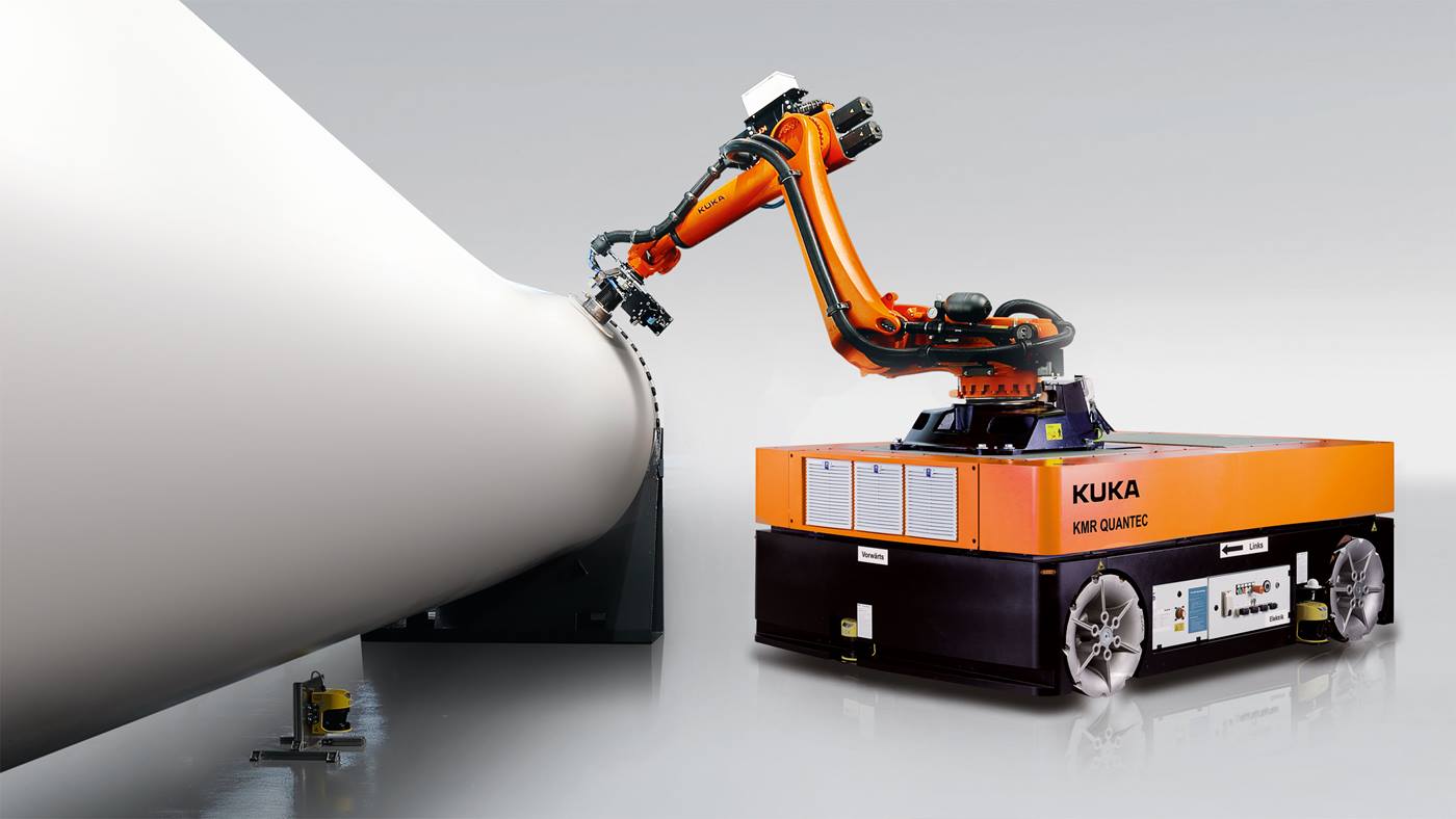 Die mobile, selbstfahrende Plattform KMR QUANTEC für den mobilen Einsatz des KUKA Roboters.
