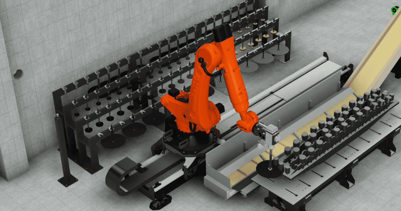 Robot KUKA in funzione in un sistema integrato con sensori e software Clor Industry