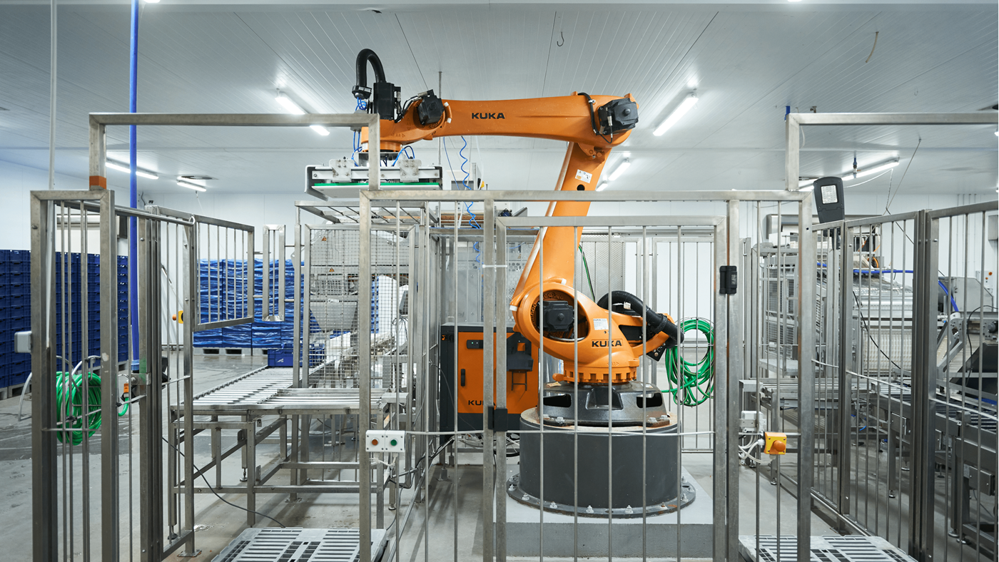 KUKA robot palletiseert viskratten bij Pakfish