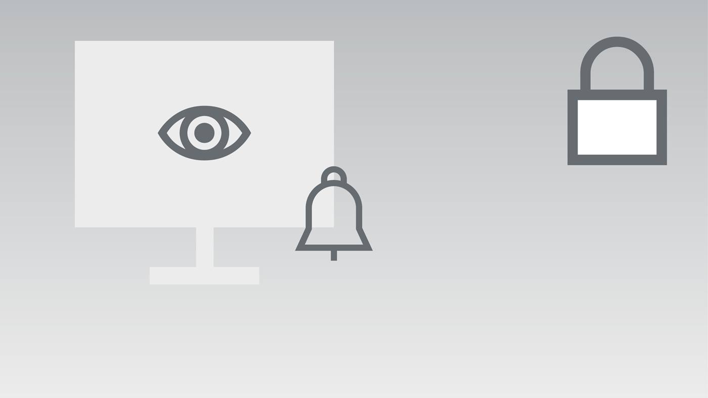 Icon-Composing Cybersecurity: Auge auf Bildschirm, Alarmglocke, Sicherheitsschloss