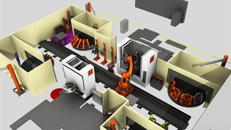 Virtual testing of production scenarios using the KUKA simulation software.