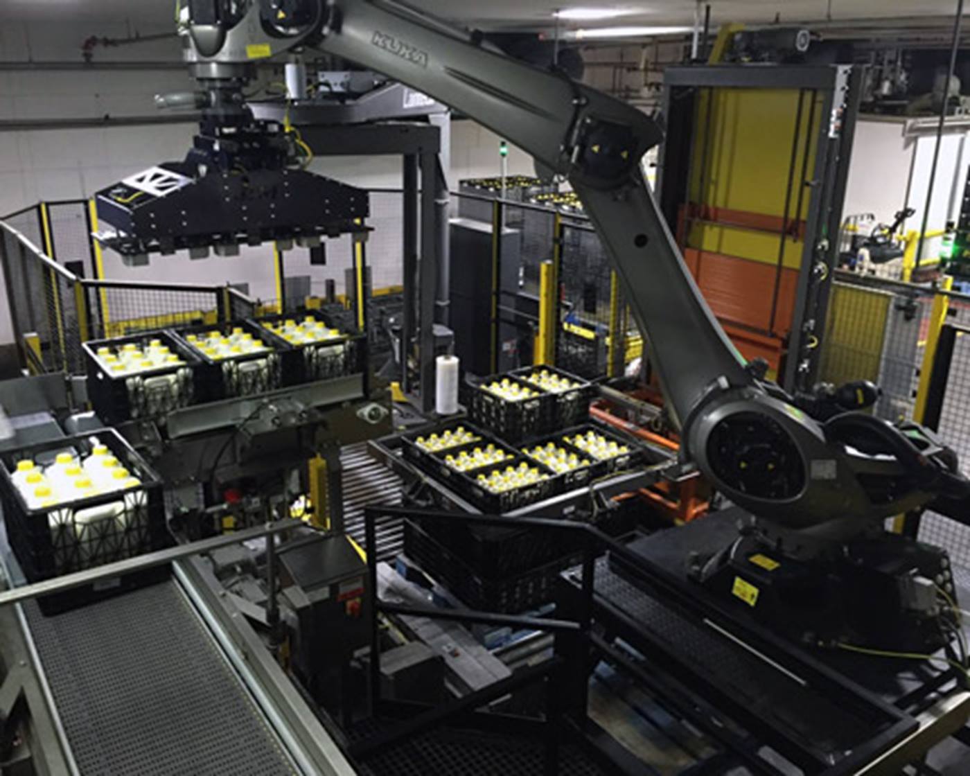 KUKA robot palletizes milk crates in a cold store 