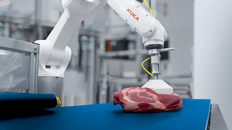 Roboter fasst ein Stück Schweinefleisch vom Band