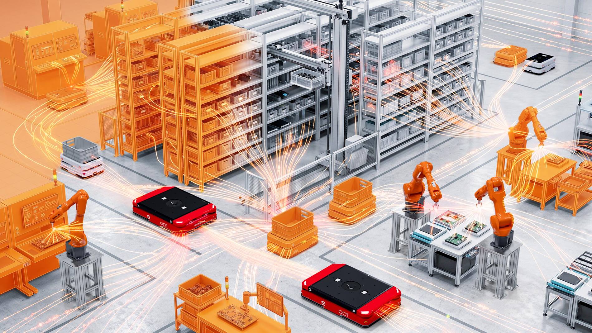 Digital twin of an automated warehouse and manufacturing facility with industrial robots, autonomous mobile robots, and connected material flow simulation.