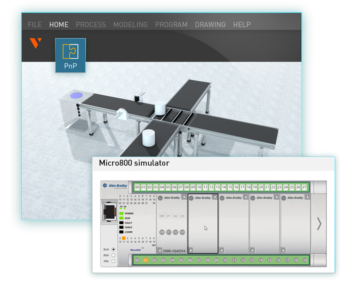 Graphics showing a virtual commissioning workflow in Visual Components, integrating conveyor system simulation with PLC controls for automated production validation