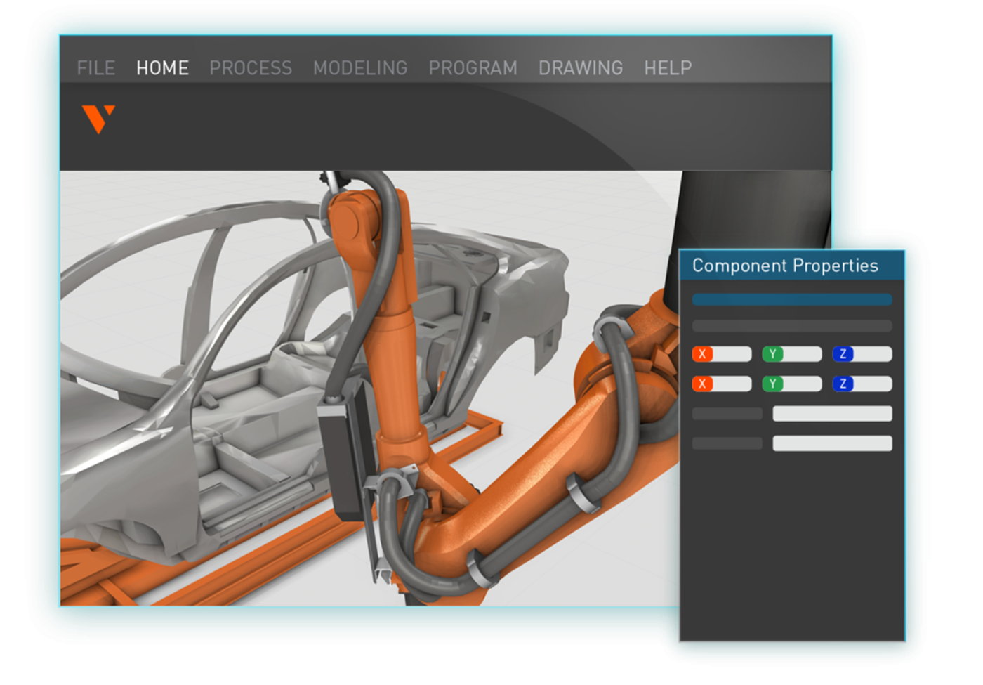 Robot simulation and offline programming environment showing an industrial robot performing automotive body manufacturing operations in a virtual cell.