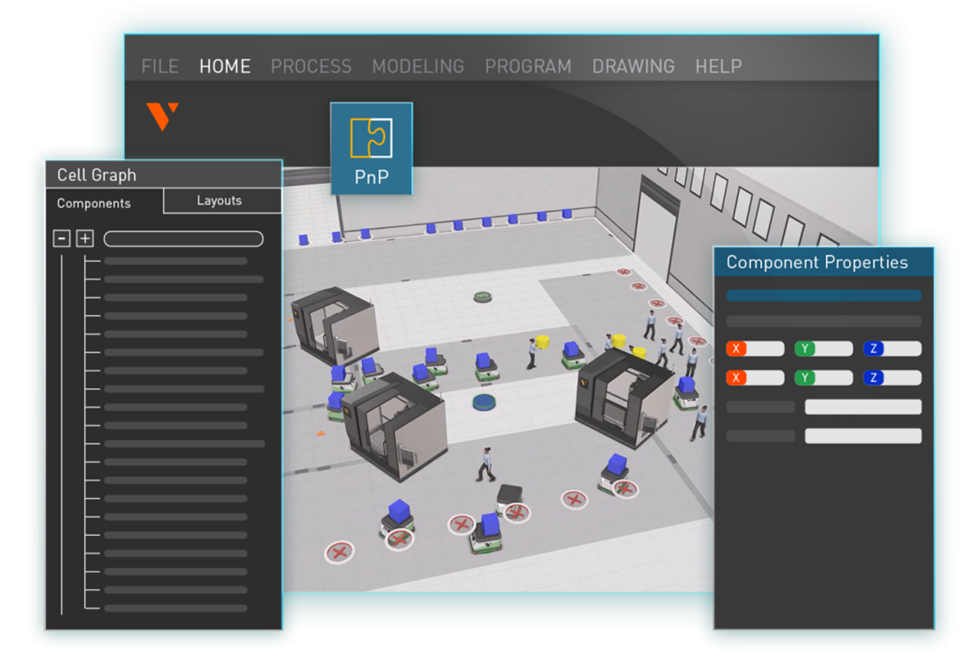 Visual Components software interface for factory simulation and digital twin modelling, showing production layout planning and component configuration tools