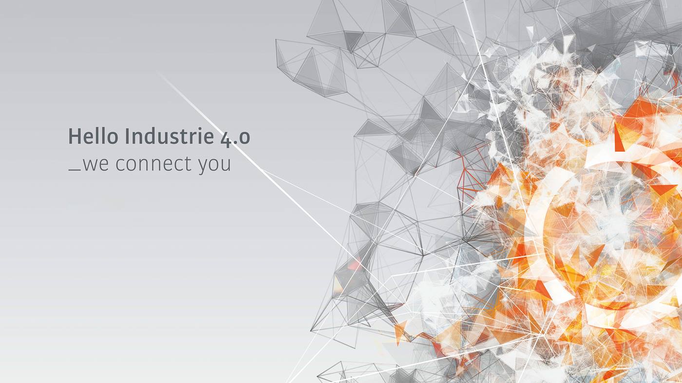 Orange and grey teaser with the words: Hello Industry 4.0 - we connect you