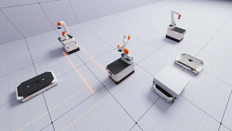 A KUKA.AMR Fleet mesterséges intelligencián alapuló flottamenedzsment rendszer biztosítja AMR-flottájának optimális logisztikai hatékonyságát.