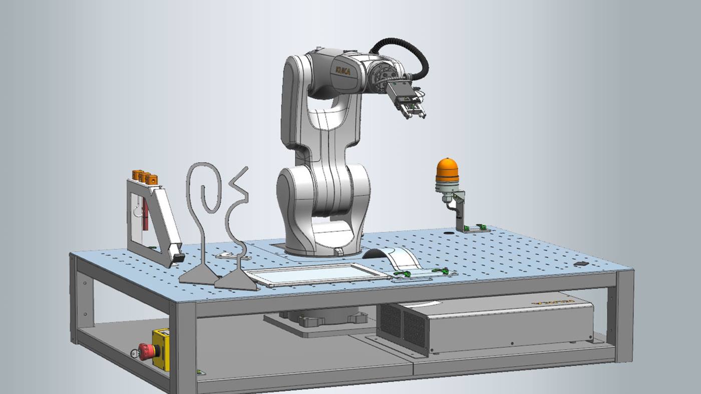Industrial robot training with KUKA robot and gripper for hands-on robot programming and automation education