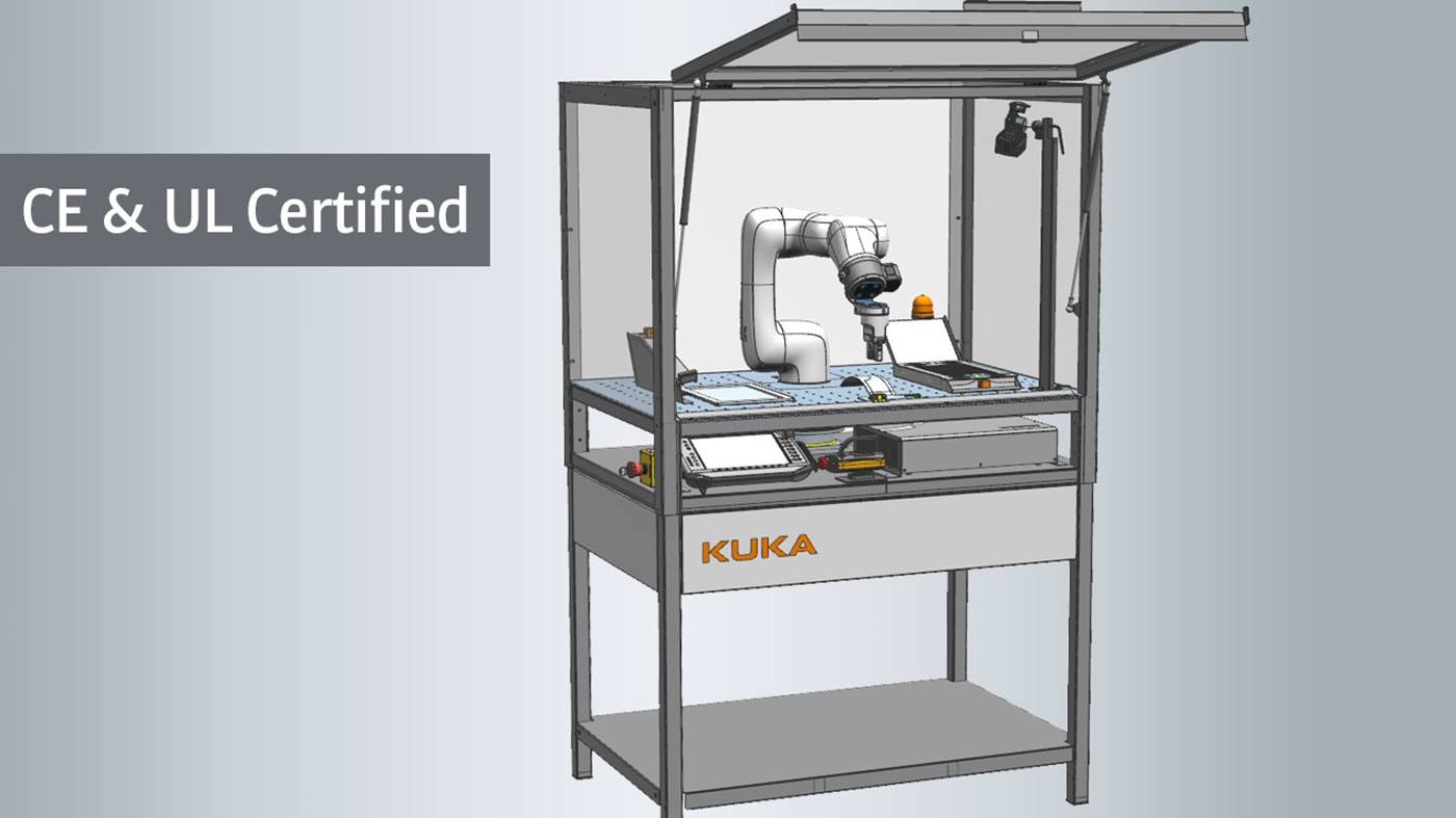 Kompakte MRK Robotik-Trainingszelle mit KUKA Cobot für Grundlagen der Roboterprogrammierung, Automatisierung und industrielle Ausbildung, optional mit Vision-System erweiterbar