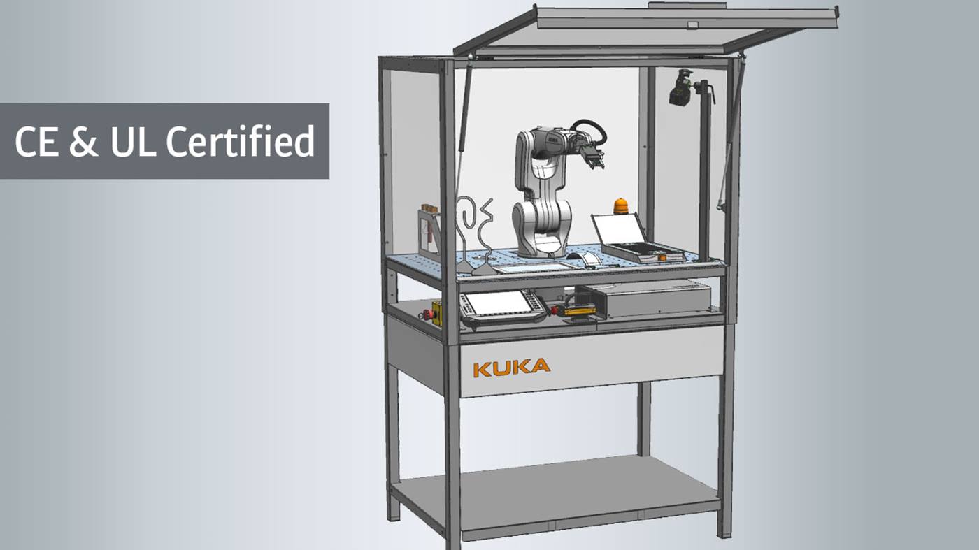 Compact industrial robot training cell for robotics education, robot programming and automation training with optional vision package