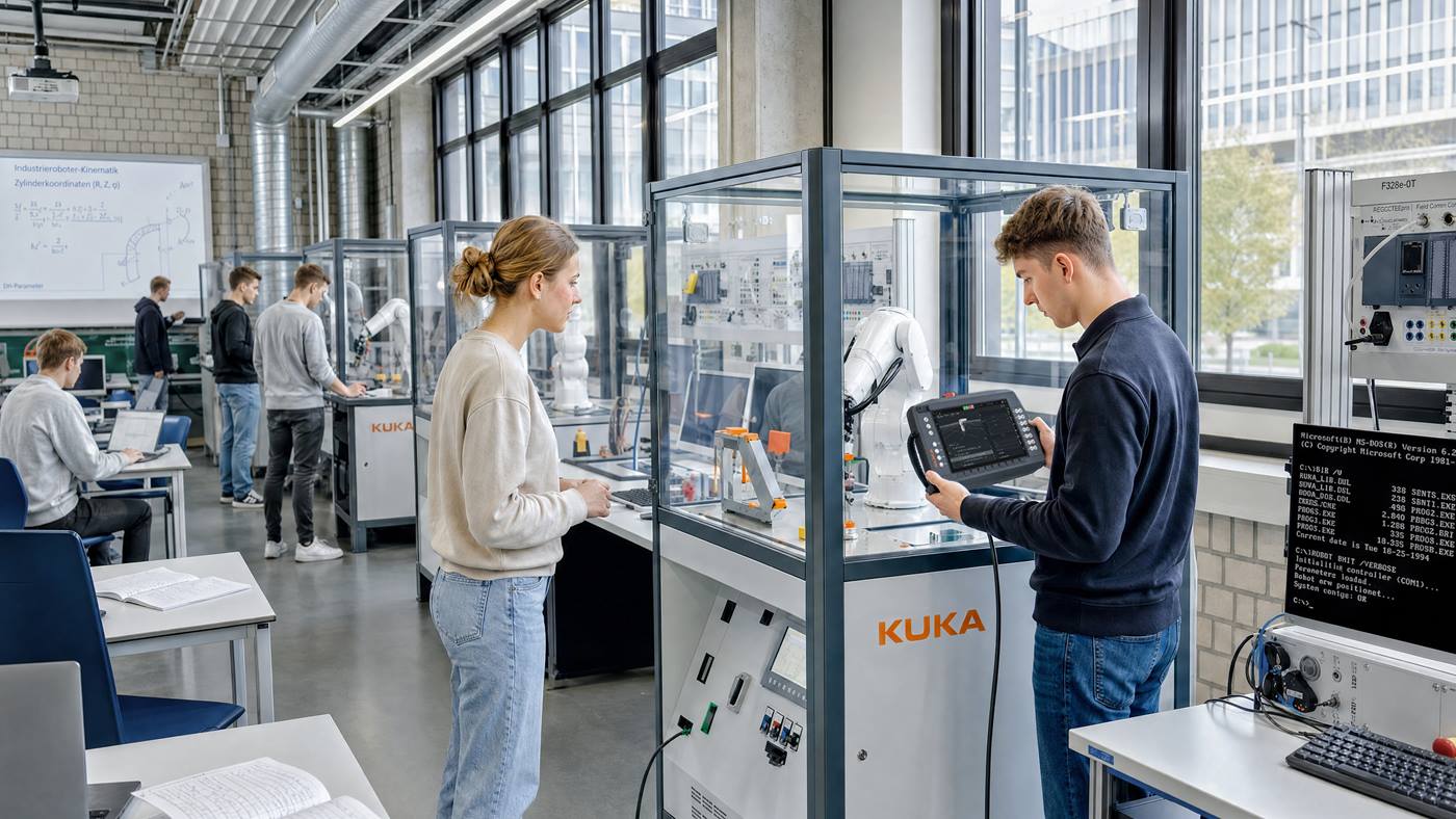 Kursteilnehmer an der KUKA Trainingszelle für Universitäten, Hochschulen und Ausbildungsbetriebe