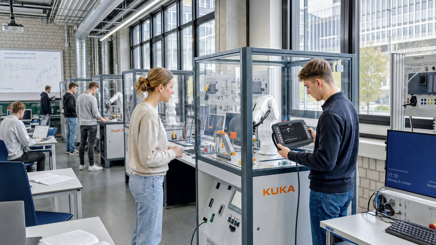 Kursdeltagare som får praktisk robotutbildning i KUKA:s utbildningscell för universitet, högskolor och yrkesutbildningar inom automation och robotteknik