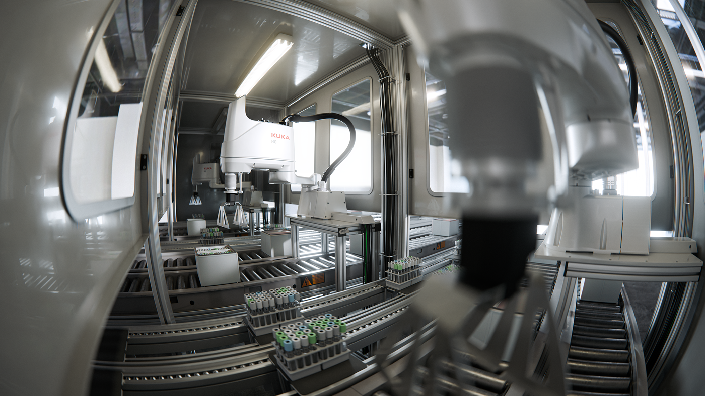 The KUKA KR SCARA packaging robot automates the safe handling and packaging of patient samples in a pharmaceutical laboratory environment